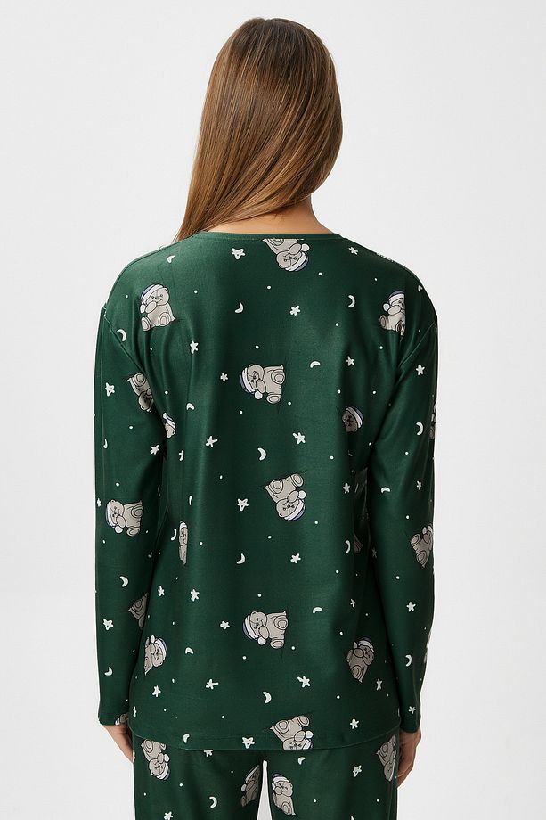 Kadın Ely Premium Bisiklet Yaka Yeşil Ayıcık Süet Doku Yılbaşı Pijama Takımı - 6