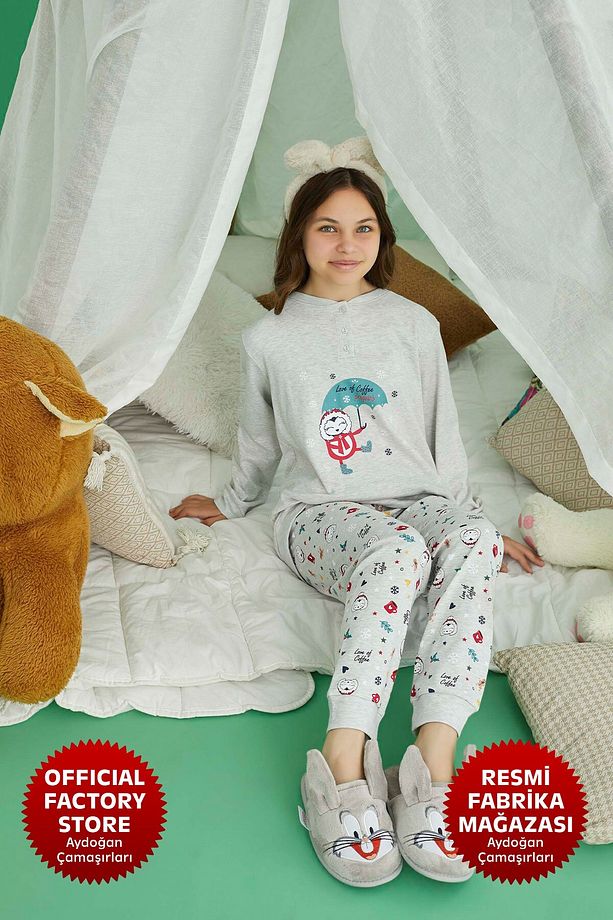 Kız Çocuk Gri Garson Pijama Takımı %100 Pamuk İnterlok Uzun Kol A11-1 - 240721 - Aydogan ® - 1