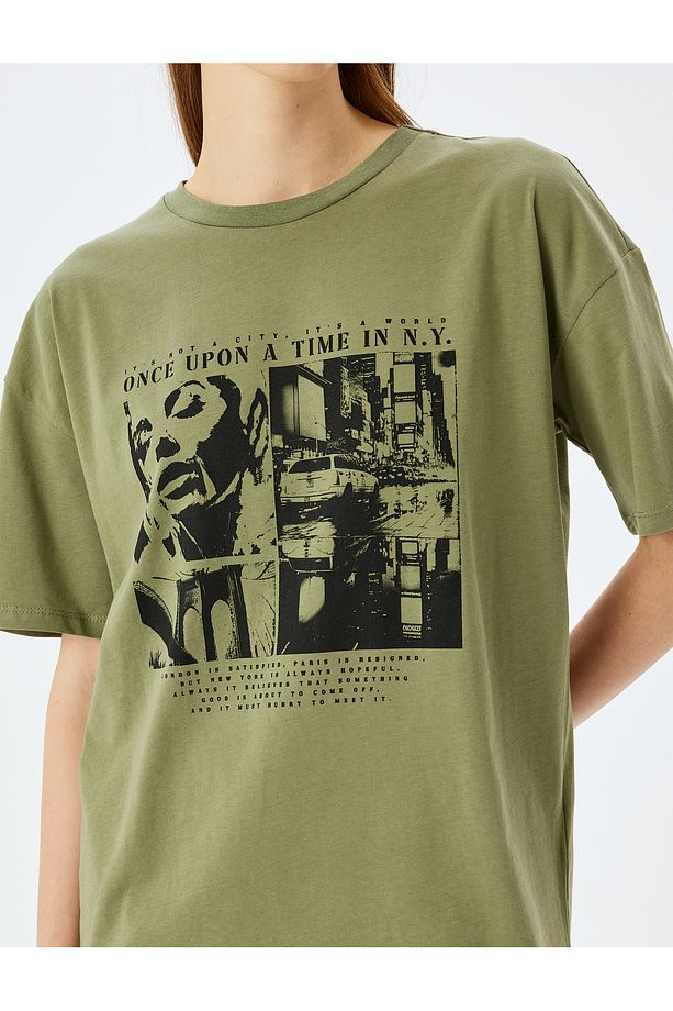 Slogan Baskılı Kısa Kollu Bisiklet Yaka Oversize Tişört - 5