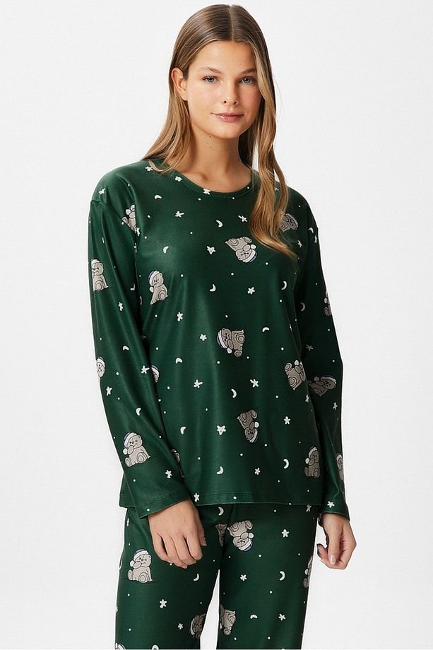 Kadın Ely Premium Bisiklet Yaka Yeşil Ayıcık Süet Doku Yılbaşı Pijama Takımı - 3