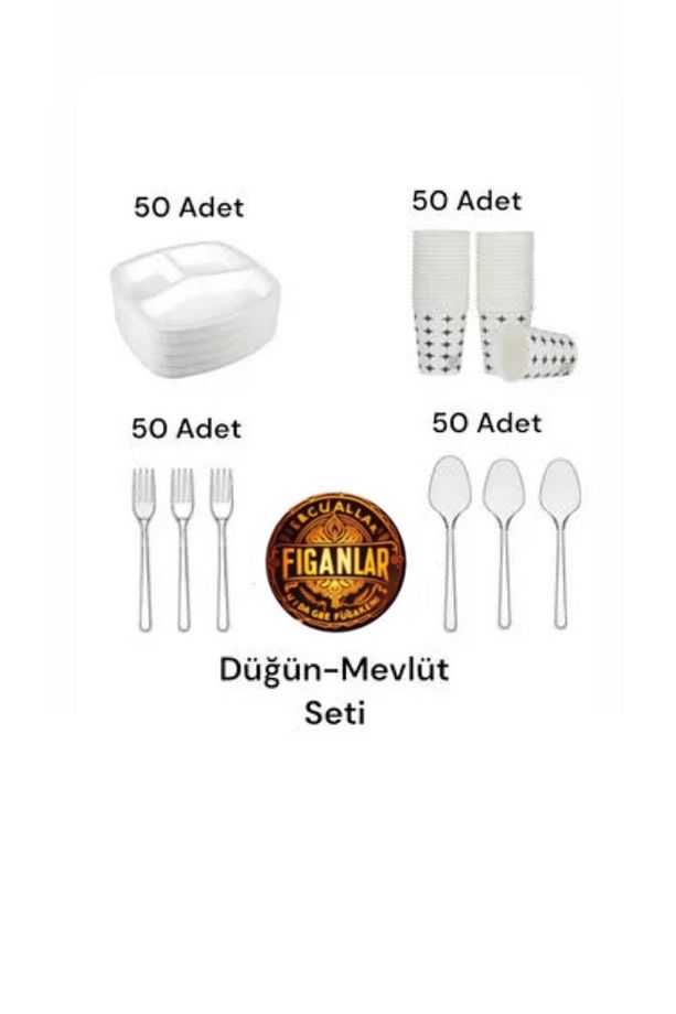 3 bölmeli köpük tabak seti 50 adet tabak, bardak , çatal ,kaşık + çöp torbası - 5