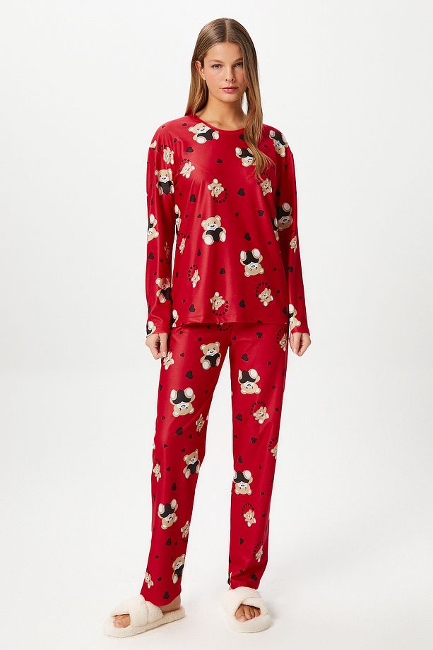 Kadın Ely Premium Bisiklet Yaka Kırmızı Ayıcık Süet Doku Yılbaşı Pijama Takımı - 4