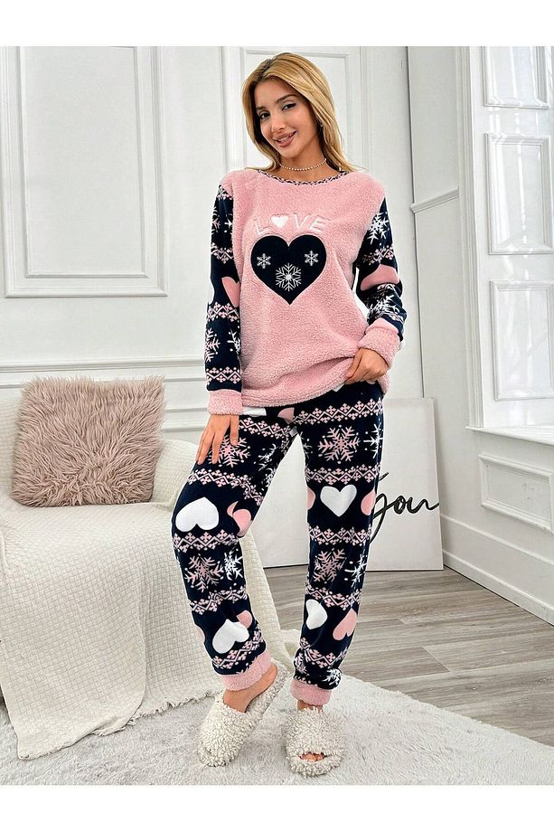 Kalp Desenli Nakışlı Polar Önü Soft Kadın Pijama Takımı Vg012 - 1