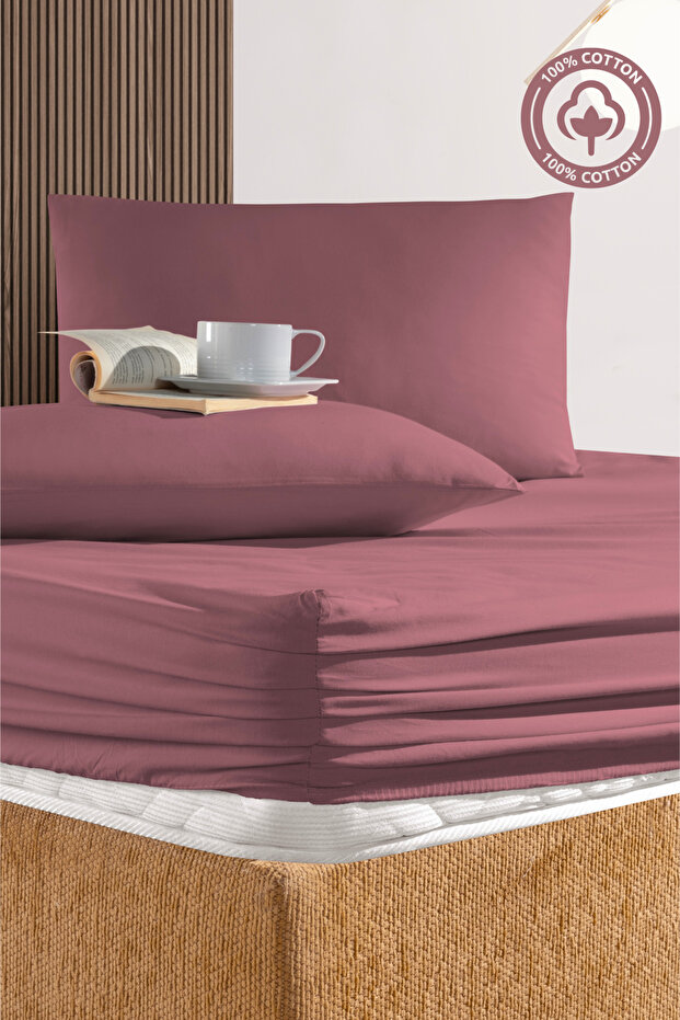 100% Cotton Dusty Rose Double Ranforce Fabric Fitted Sheet Pillowcase Set /180X200/