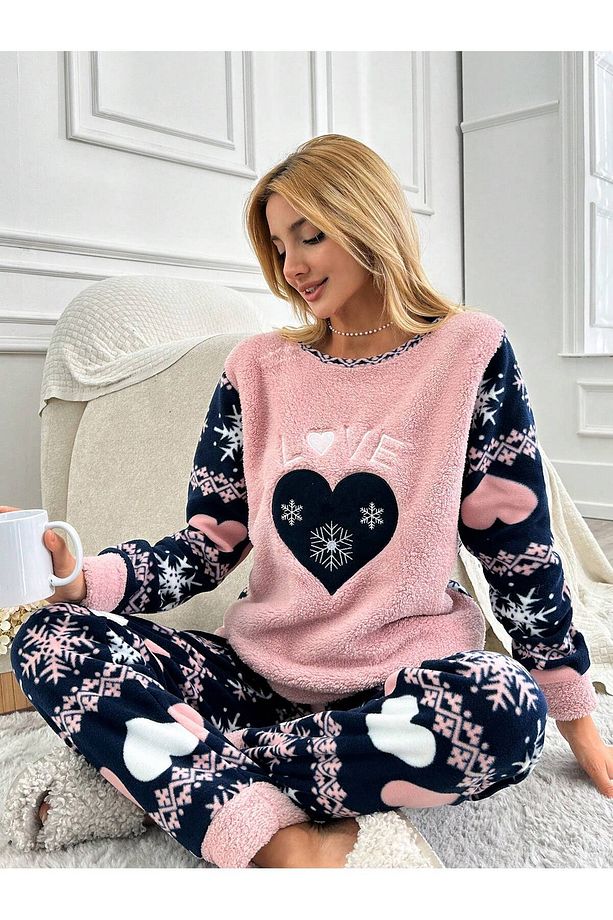 Kalp Desenli Nakışlı Polar Önü Soft Kadın Pijama Takımı Vg012 - 2