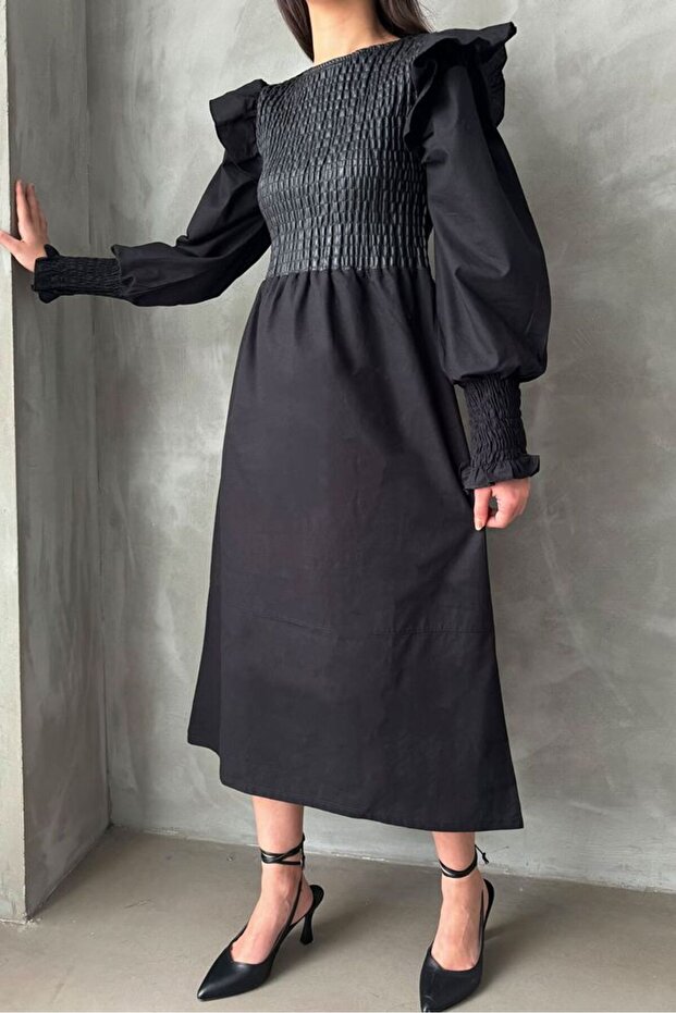 Black Leather Sleeve Skirt Poplin Dress | Vmf0843