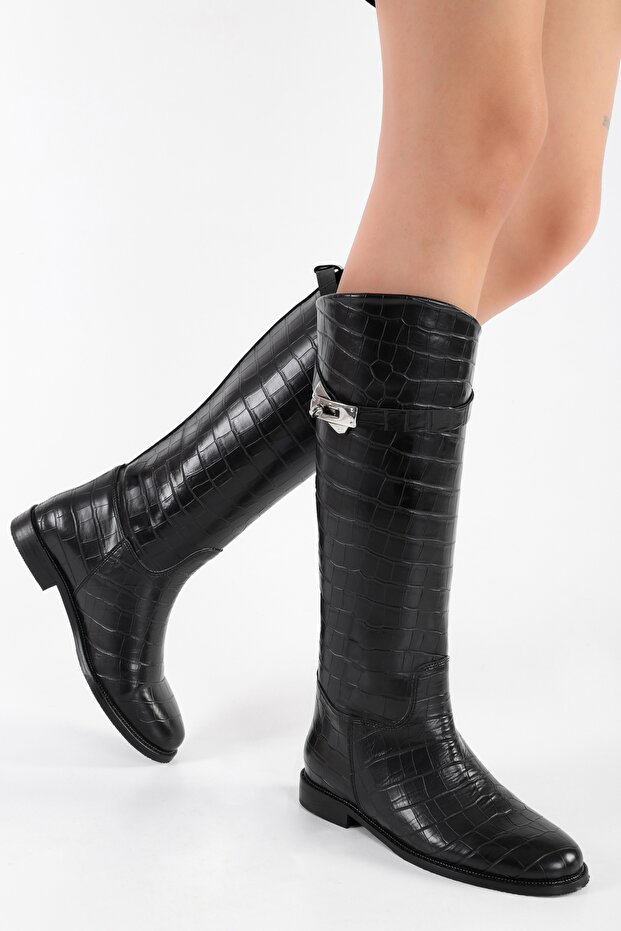 Women's Matia Black Crocodile Rider Long Boots