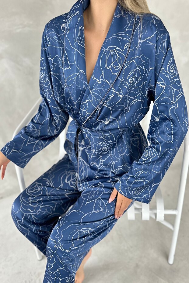 Bağlama Detaylı Lacivert Saten Takım - 3