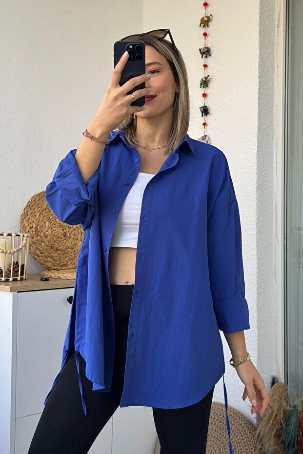 Yan Bağlamalı Oversize Saks Gömlek