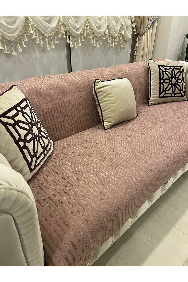 Bambu Çizgili Süngerli Kadife Kaymaz Çekyat Koltuk Örtüsü - 1