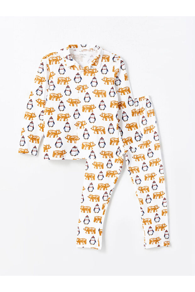 Ecru Polo Neck Printed Boys' Pajamas Set