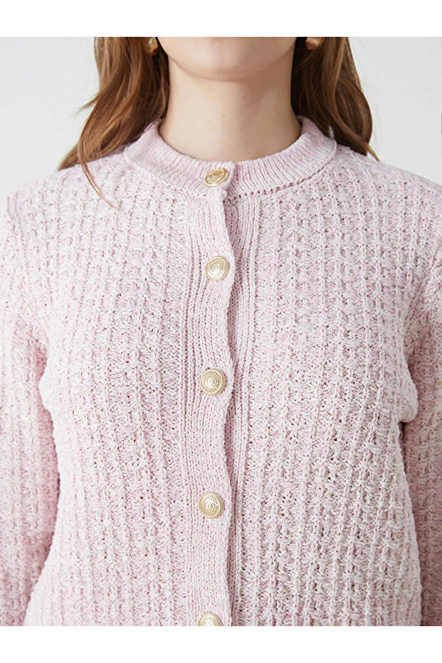 LCW Modest Pembe Bisiklet Yaka Ekose Kadın Triko Hırka - 3