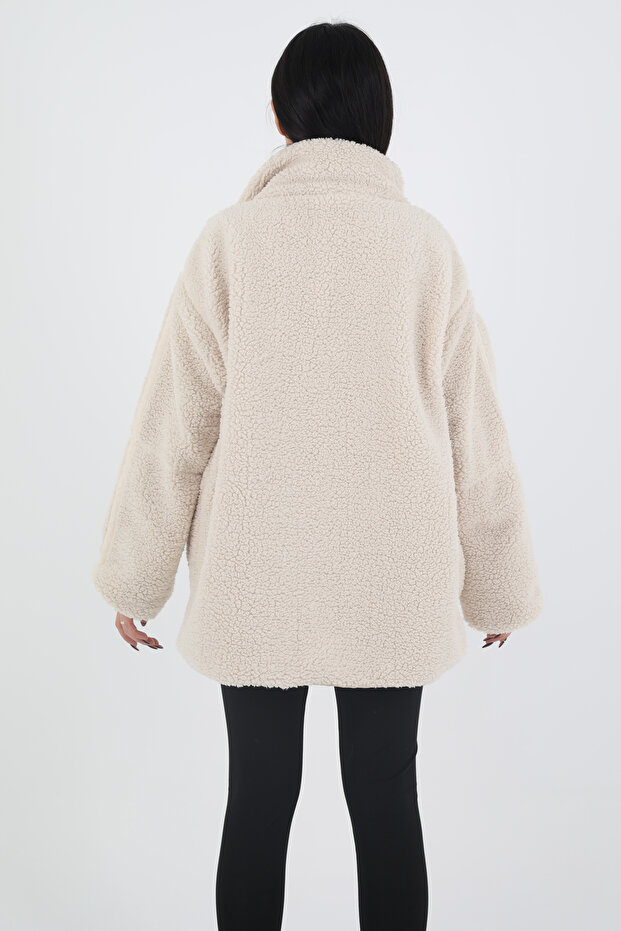 Oversize Dik Yakalı Cepli Peluş Mont - 5