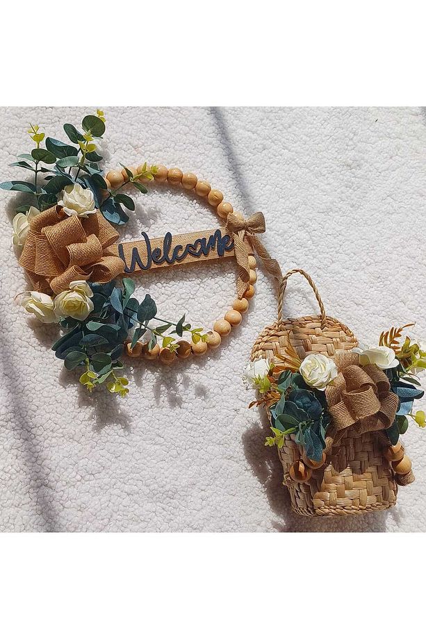 Welcome okaliptüs kapı süsü, paspas,sepet 3'lü set - 2