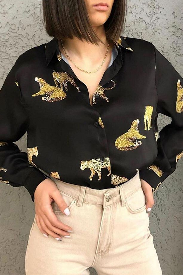 Mad Girls Leoparlı Siyah Saten Gömlek Mg187 - 2