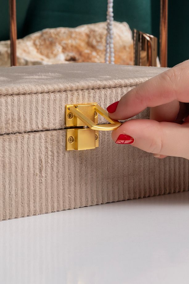 Aynalı Kahve Fitilli Kadife Mücevher Kutusu, Organizer, Takı Kutusu 25 X 16 X 7 Cm - 5