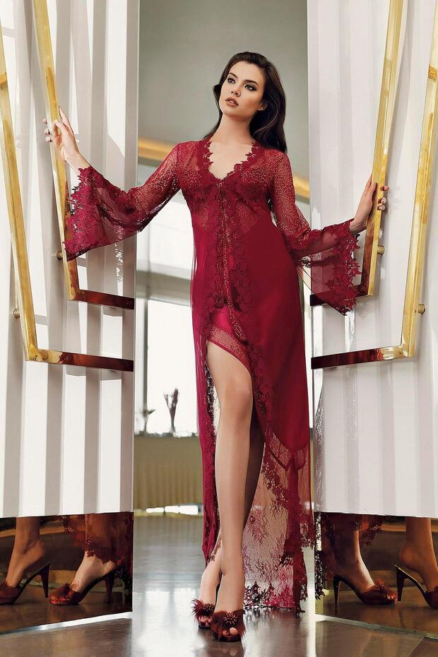 5200 Burgundy Color Satin Lace Asymmetrical 2-Piece Nightgown Set