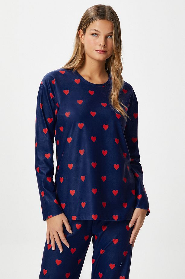 Kadın Ely Premium Bisiklet Yaka Lacivert Kalp Süet Doku Yılbaşı Pijama Takımı - 1