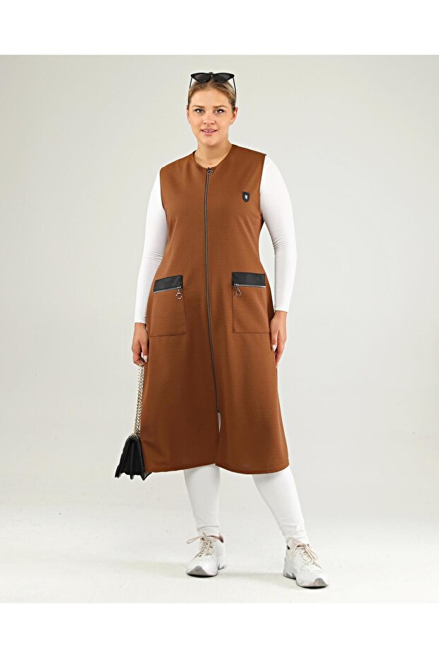 Women's Large Size Long Vest with Leather Pockets Ottoman Brown