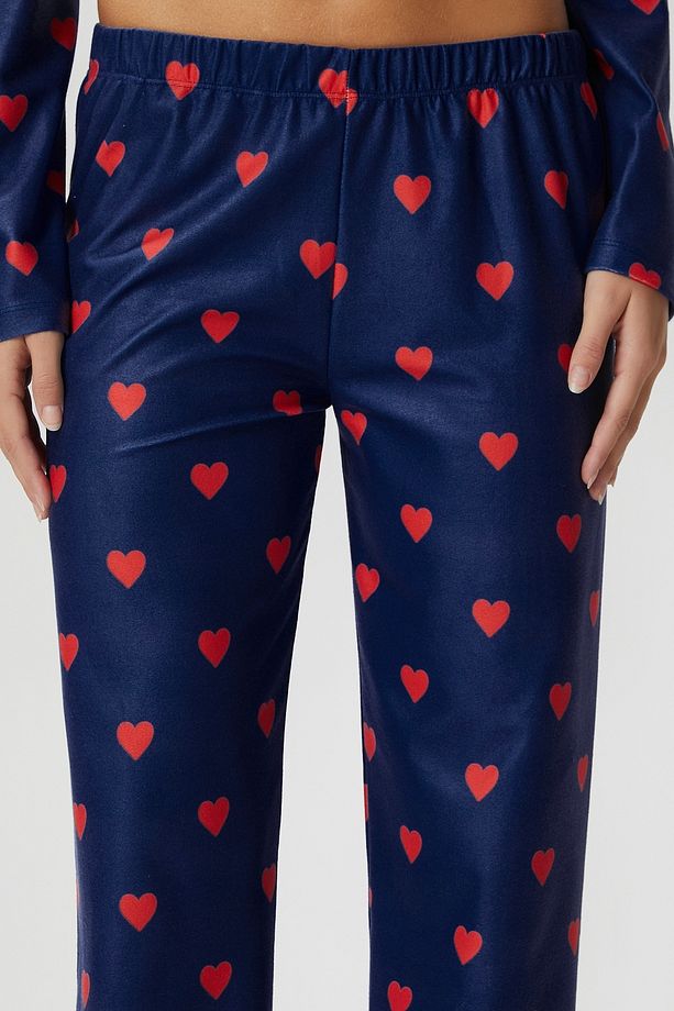 Kadın Ely Premium Bisiklet Yaka Lacivert Kalp Süet Doku Yılbaşı Pijama Takımı - 6