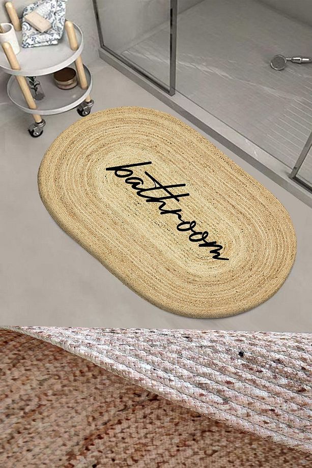Else Bath Yazılı Desenli Halat Hasır Jüt Örgü Oval Banyo Halısı Klozet Duş Önü Paspası - 1