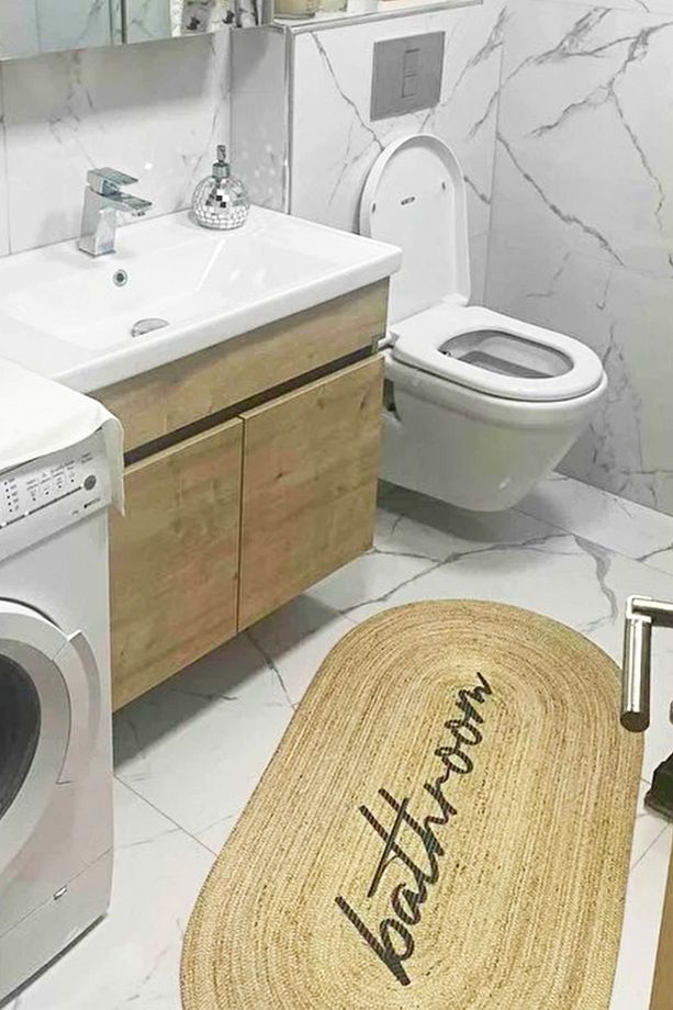 Else Bath Yazılı Desenli Halat Hasır Jüt Örgü Oval Banyo Halısı Klozet Duş Önü Paspası - 7