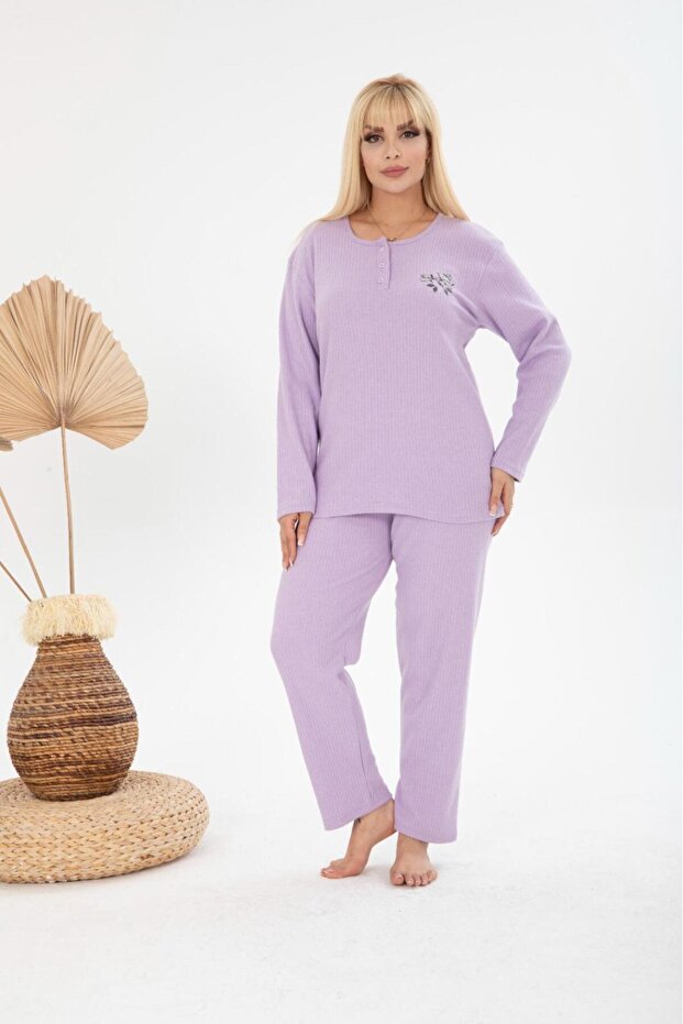 Kadın Büyük Beden Kışlık Lila Tek Çiçek Pijama Takımı - 4