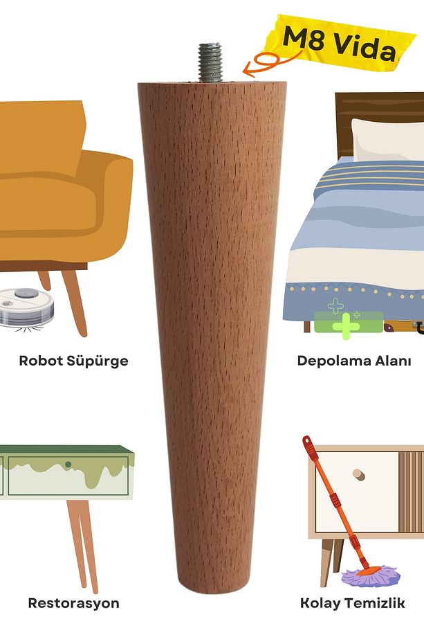 15 Cm Ahşap Konik Ayak, Yükseltici Ayak, Tv Ünitesi, Dolap Ayağı, Koltuk Ayağı Tekli - 3