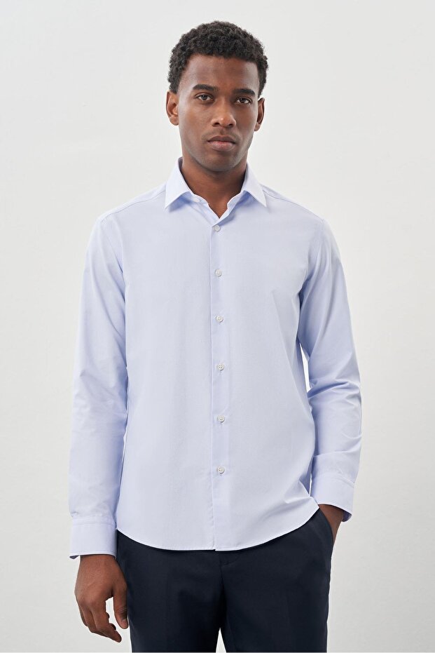 Men's Dark Blue Long Sleeve Hard Collar Cotton Slim Fit Shirt 1004245226