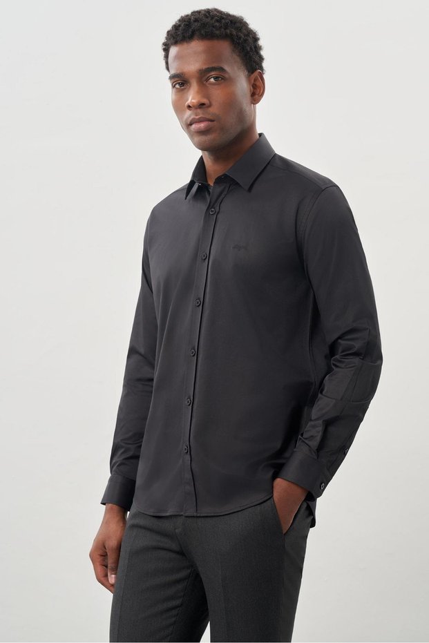Black Long Sleeve Hard Collar Pocketless Cotton Lycra Classic Slim Fit Slim Fit Shirt 1004245234