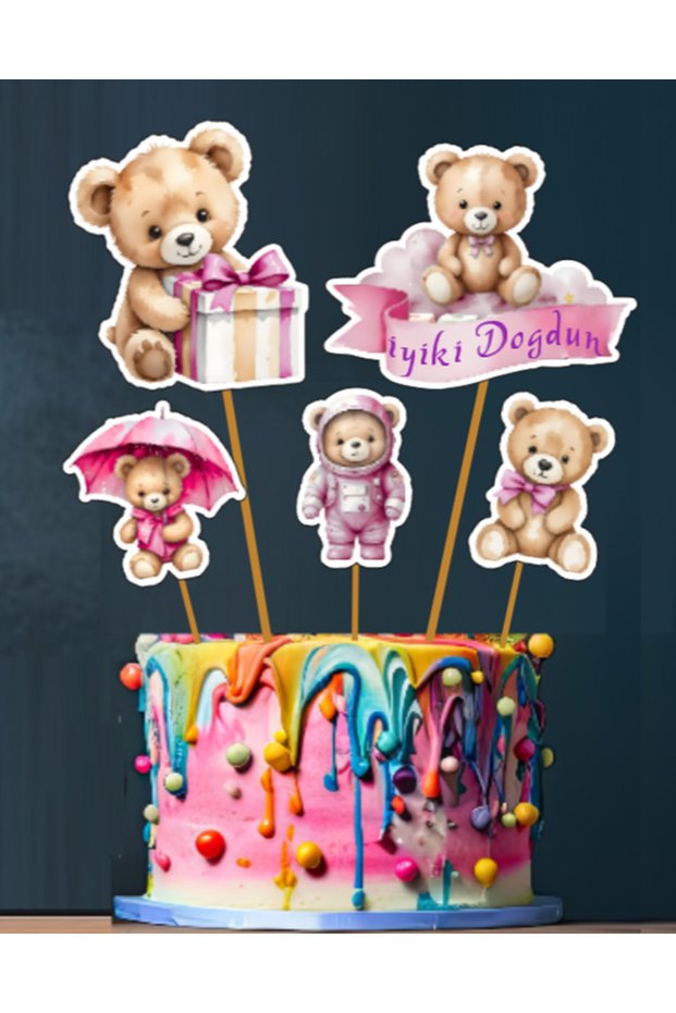 5-Piece Pink Sweet Teddy Bear Girl Birthday Ornament Large Cake Topper Cake Decoration Cupcake Cake Birthday