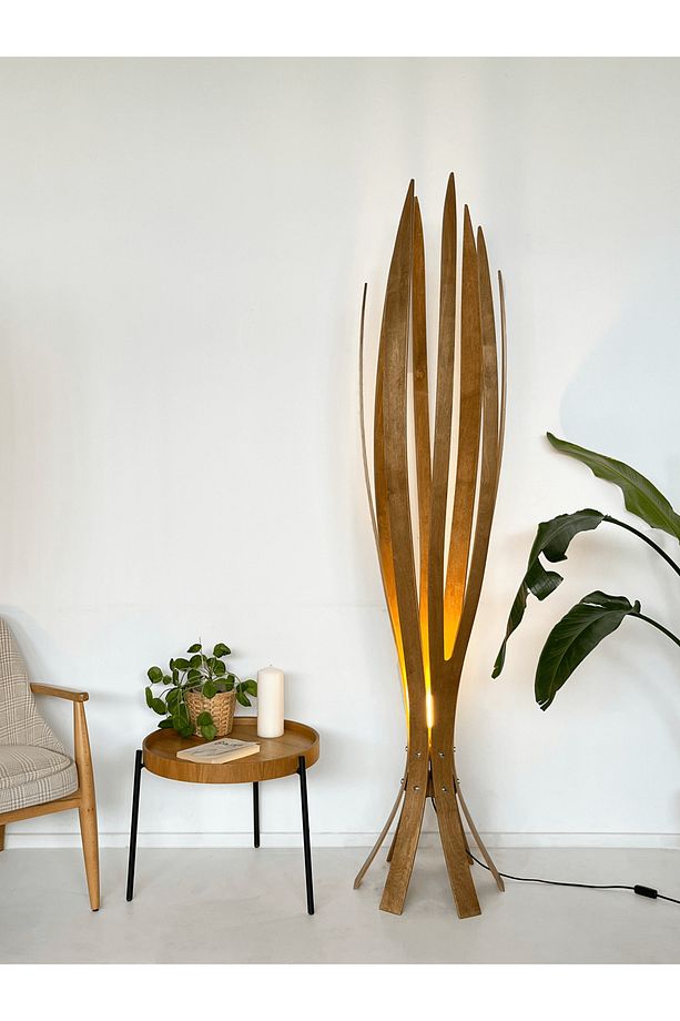 ''Hedra Lambader, İskandinav Tarzı Ahşap Lambader, Dekoratif Yer Lambası, Modern Salon Aydınlatma'' - 8
