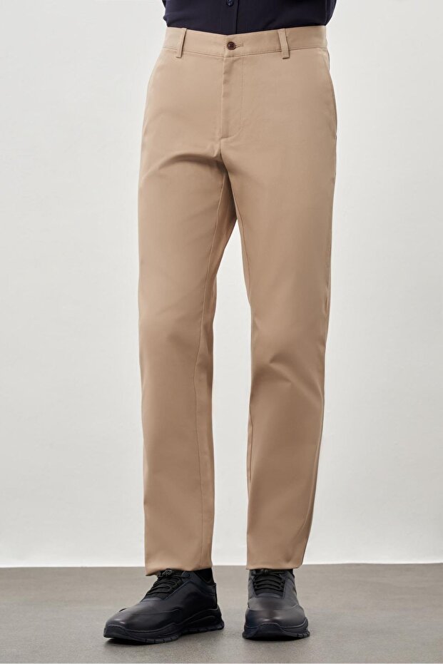 Men's Dark Beige Cotton Comfort Fit Chino Trousers with Side Pockets 1003245169