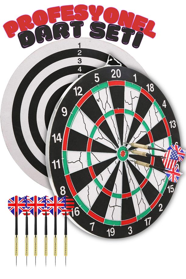 Profesyonel Büyük Boy Dart Seti 6 Oklu Çift Taraflı Kalın Dart Tahtası Metal Dart 45 cm - 1