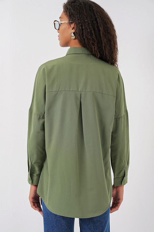 3900 Oversize Uzun Basic Gömlek - Haki - 6