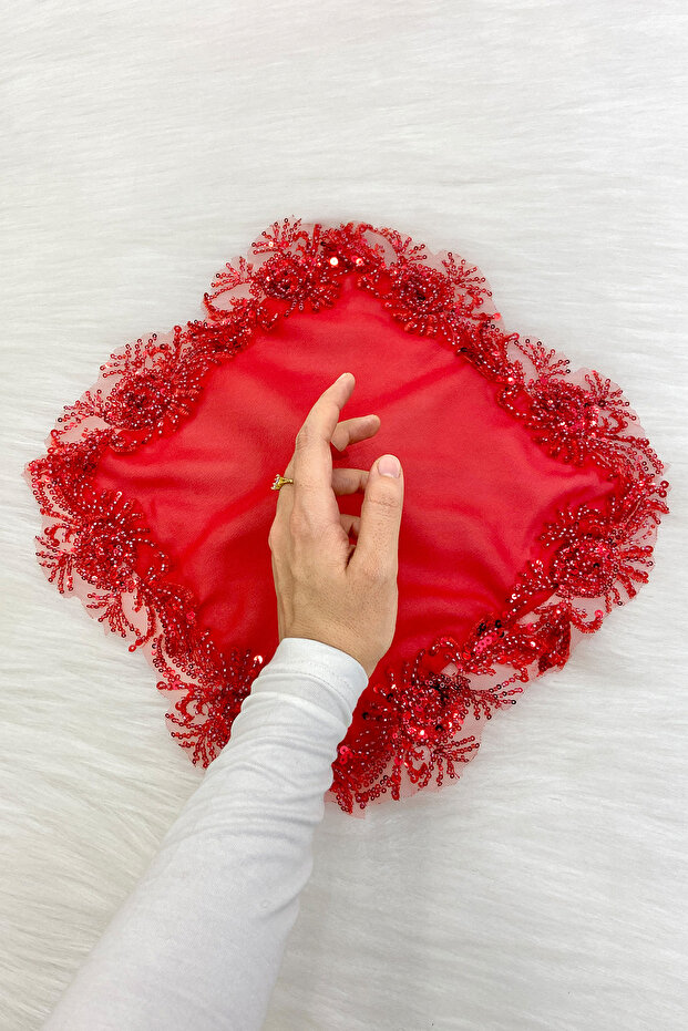 Red Bride Groom Handkerchief, Halay Handkerchief, Sequin Beaded, Wedding Henna Circumcision Promise Engagement