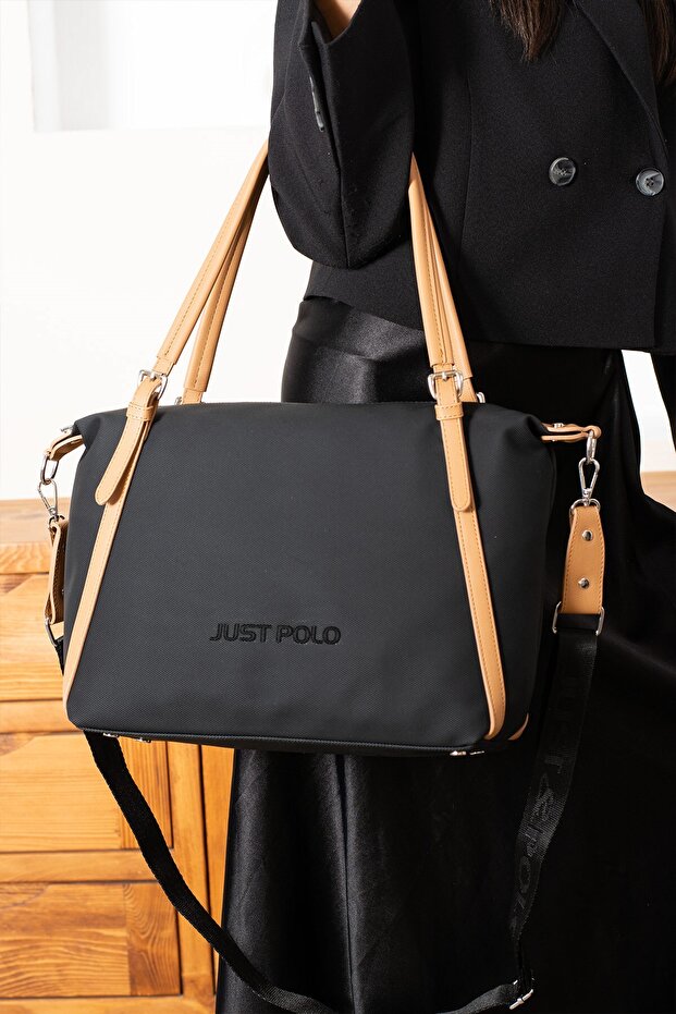 Women's Large Size Sports Model Luggage Bag Long Strap Hand & Shoulder Bag Black Tan Pbu1106