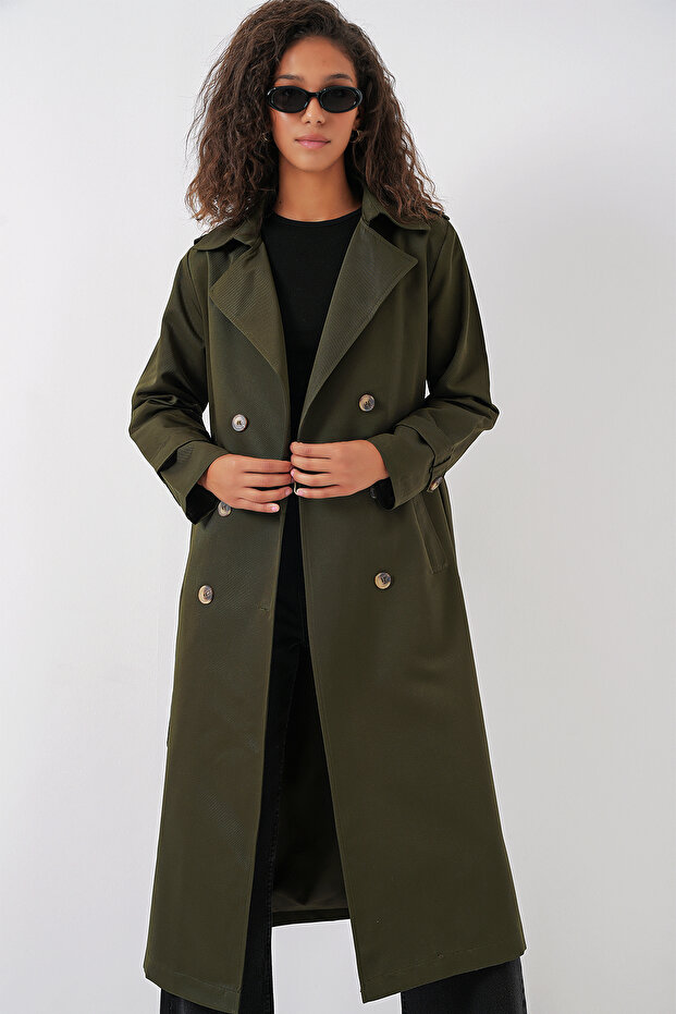 5940 Women's Double Breasted Collar Long Trench Coat - Khaki