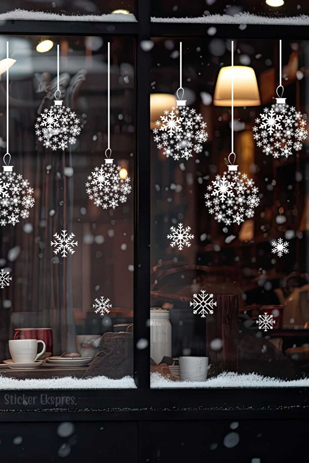 Snowflake Balls with Pendant Lamp Display Case Christmas Sticker New Year Ornament Glass Sticker Set