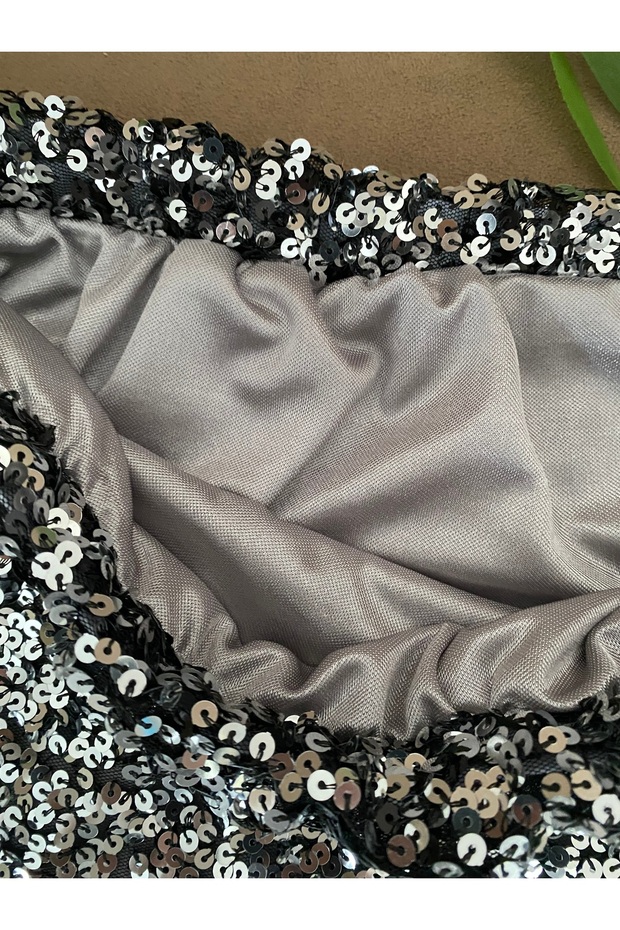 siyah gümüş pullu payet mini etek - 2