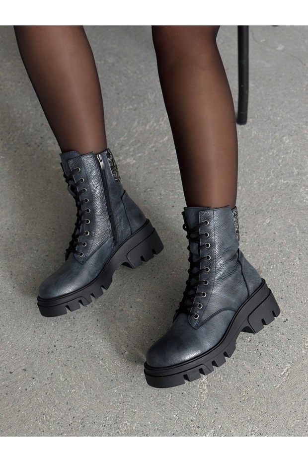Women's Genuine Leather Special Design Lace up Zippered Boots