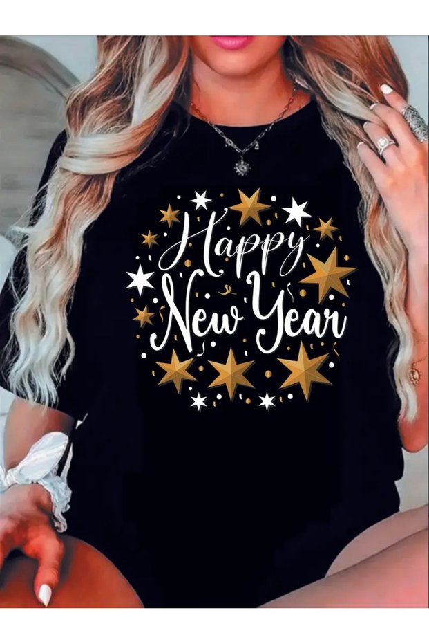 New Year's Themed Red and White Men's and Women's T-Shirt - Happy New Years Printed, Oversize Loose