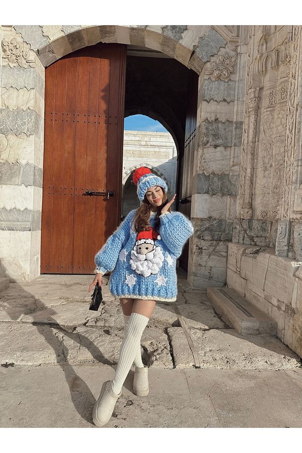 Santa El Örgüsü Kazak Elbise + Bere Takımı - 7