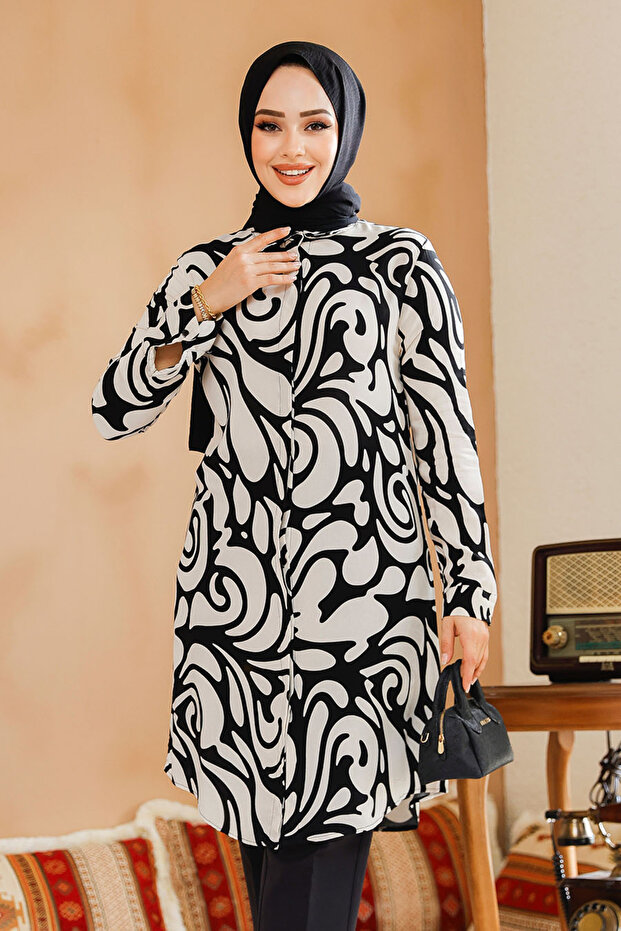 Patterned Black Hijab Tunic 11711S
