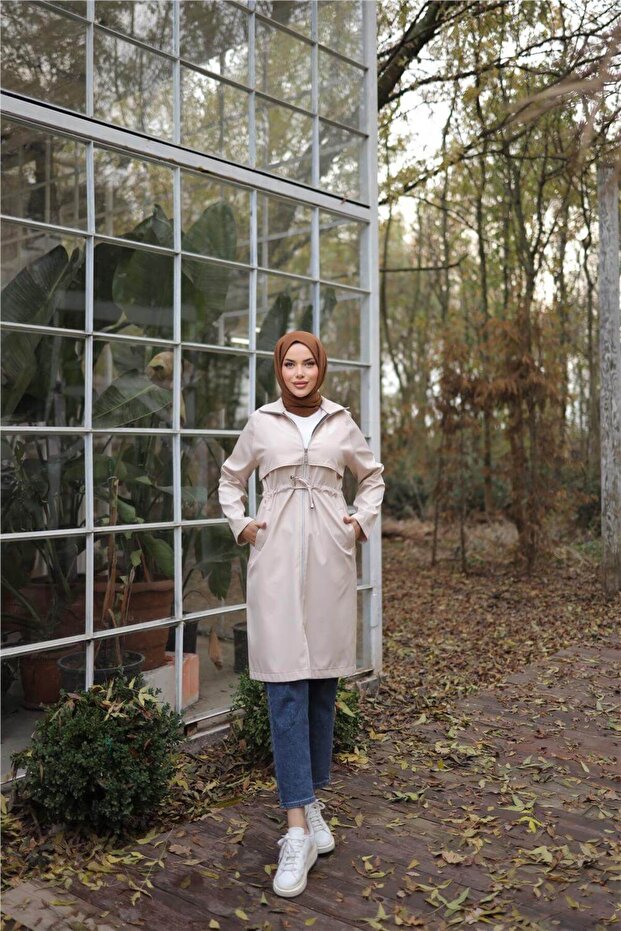 Long Trench Coat with Zipper and Two Side Pockets and Waist Tie - (38-46) - 71232 - Stone