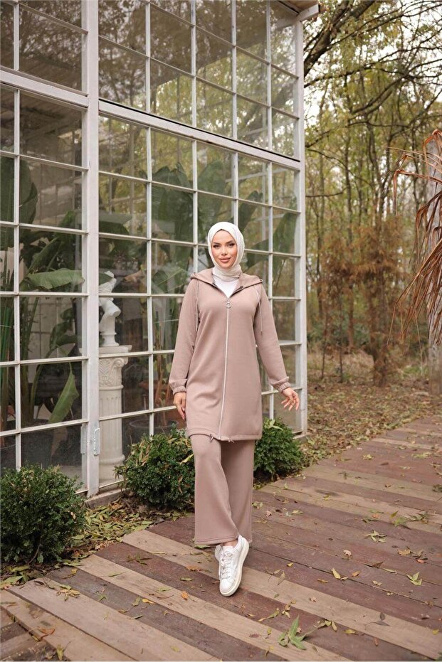 Zippered Hooded Plain Double Hijab Tracksuit Set - (38-46) - 71229 - Neskafe - 1