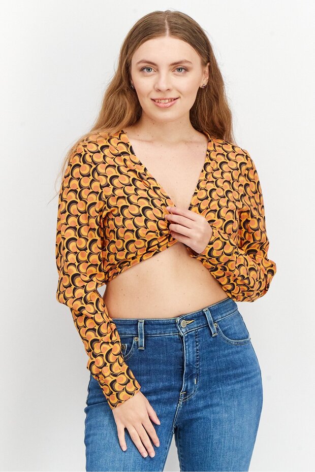 Women V Neck Long Sleeves Allover Print Top, Orange Combo