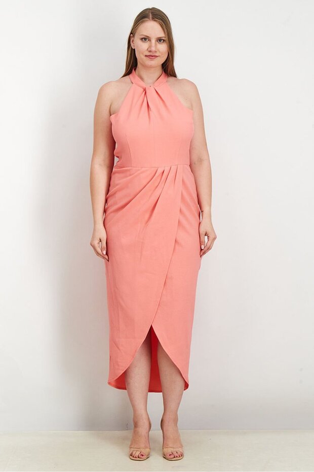 Women Knot Neck Tulip Hem Midi Dress, Coral Pink