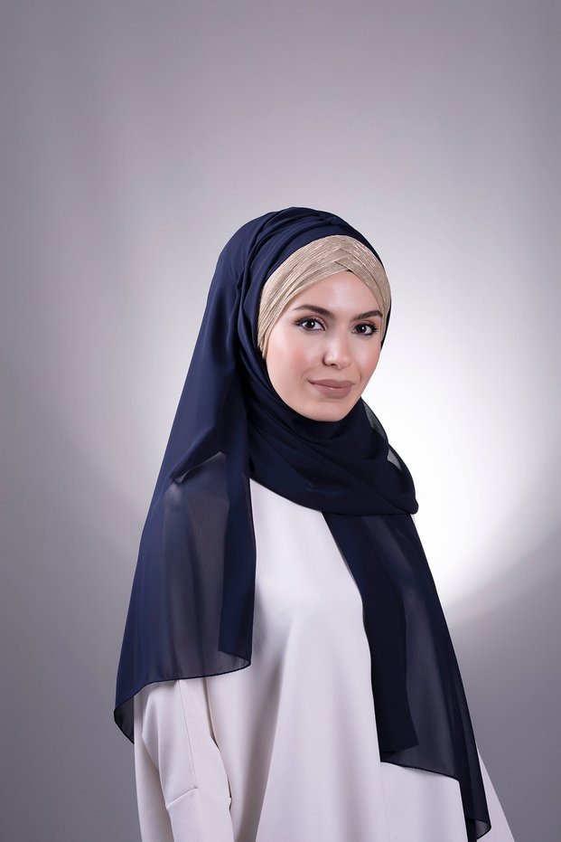 Navy blue-gold Back Tied Shawl Chiffon Three-Striped Glitter Pleated 1835_0202