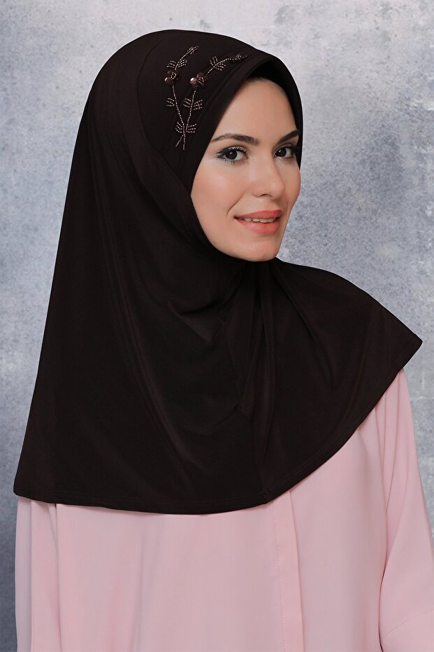 Brown Practical Ready-made Interlocking Hijab Scarf Sandy Fabric Handmade Flower Embroidered Sequin 1604_14